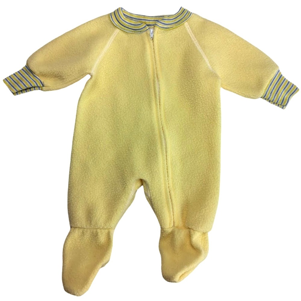 Vtg Gerber Yellow Fleece Footed Baby Sleeper 0 3 6 ‎ Mos Unisex Blue Stripe Trim